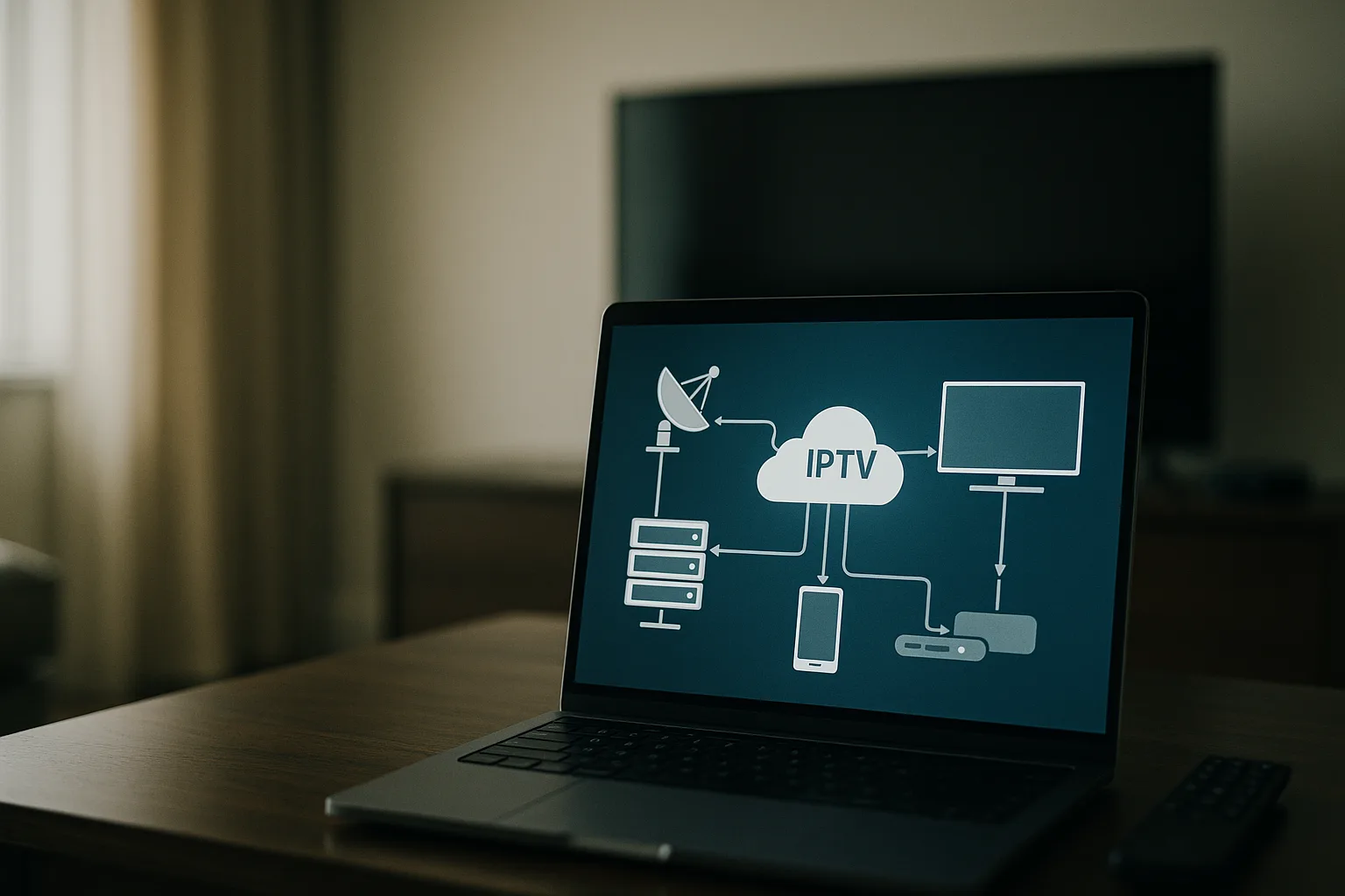 Computer screen with network diagram depicting IPTV data flow.